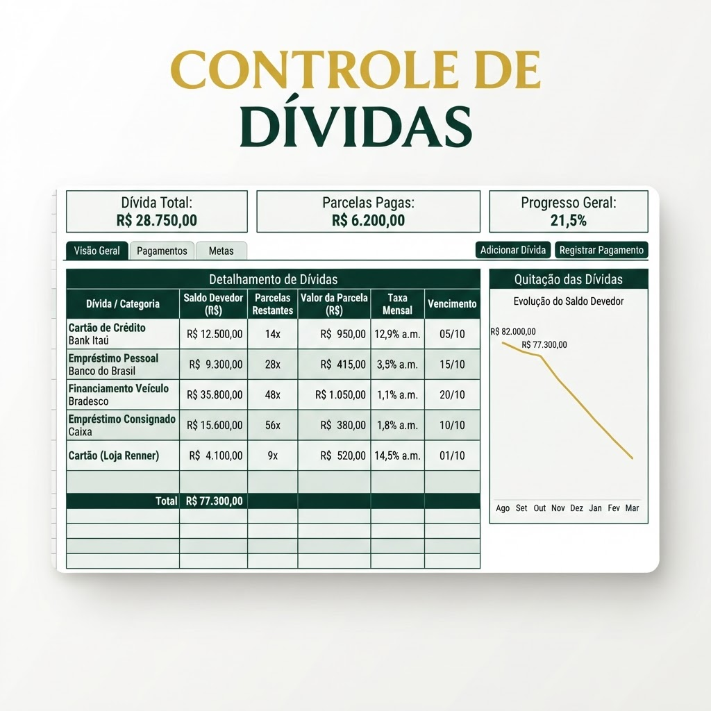 Controle de dívidas da Planilha Mente Financeira